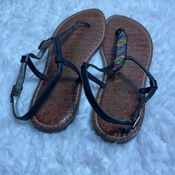 Sam Edelman Gigi leather multi color embroidery black T Strap thong sandals SZ9M - Picture 4 of 7